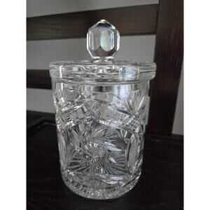 Vintage Heavy Lead Crystal Cut Glass Biscuit Barrel Candy Jar with Lid 8” Boho